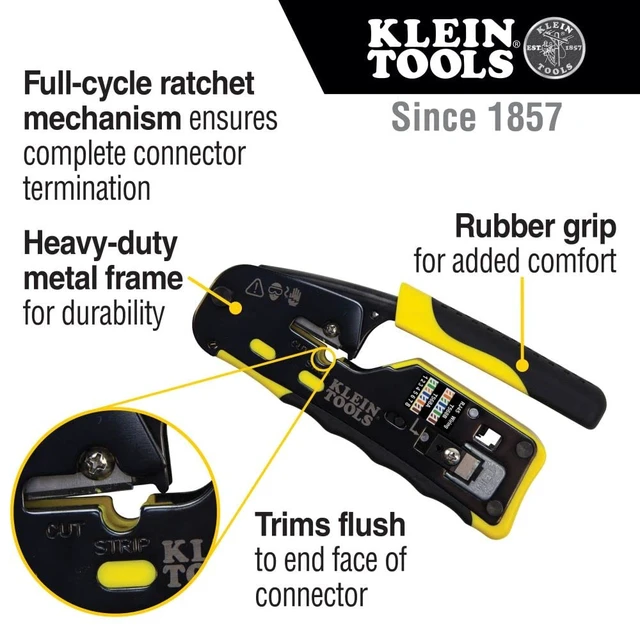 Alt view image 6 of 6 - Monoprice Cat6 Ethernet Bulk Cable, 550Mhz, 10G, UTP, 24AWG, 250 Feet, Blue & Klein Tools VDV226-110 Ratcheting Modular Data Cable Crimper/Wire Stripper/Cutter