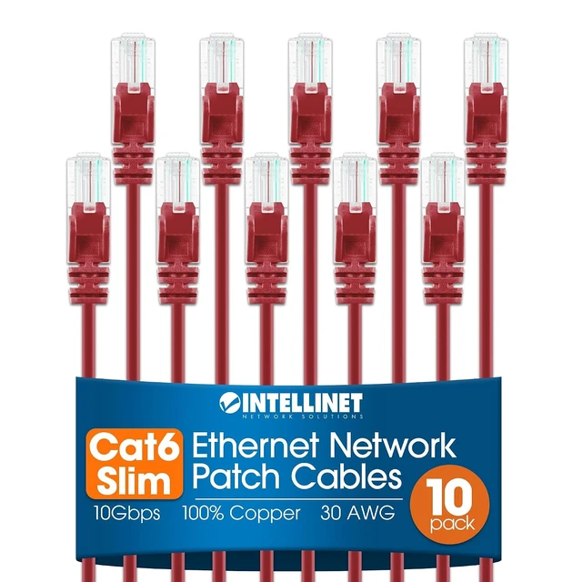 Main image of Intellinet Cat6 Slim UTP Ethernet Patch Cable 10-Pack, 14 ft, Red