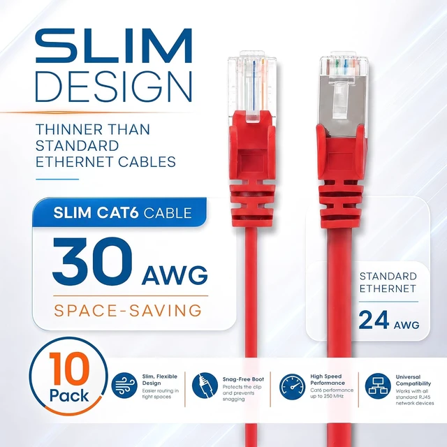 Alt view image 2 of 7 - Intellinet Cat6 Slim UTP Ethernet Patch Cable 10-Pack, 14 ft, Red