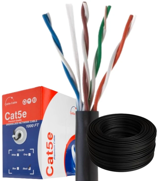 Main image of SATMAXIMUM Cat5e Ethernet Cable 1000ft, CCA, UTP, 24AWG, Bulk Pull Box, High Speed LAN Network Wire for Indoor Use, Solid Copper Clad Aluminum, Black