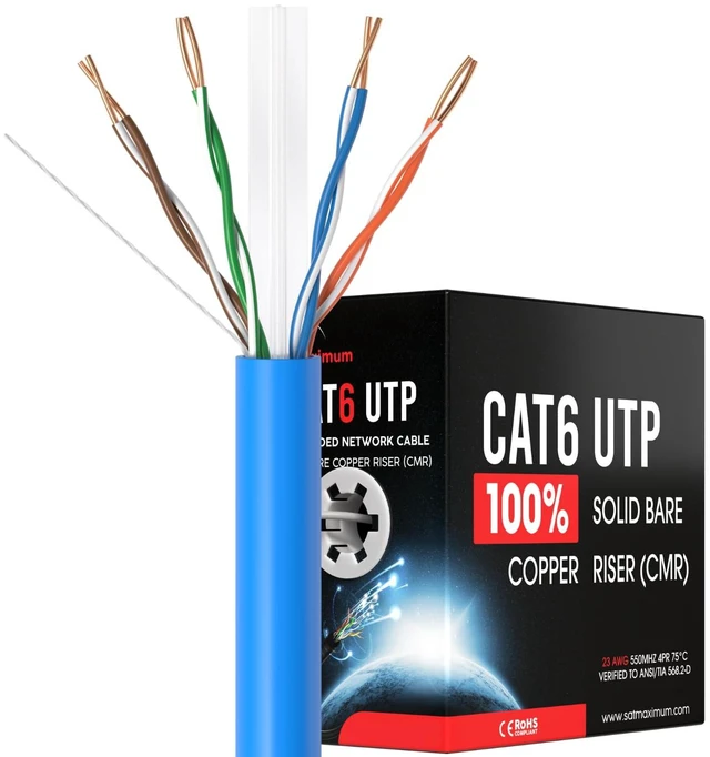 Main image of SATMAXIMUM 500ft Cat6 Ethernet Cable, Solid Bare Copper 23AWG, CMR ETL Riser Rated, 550MHz PoE, High-Speed Network Wire for Vertical Installations - Blue