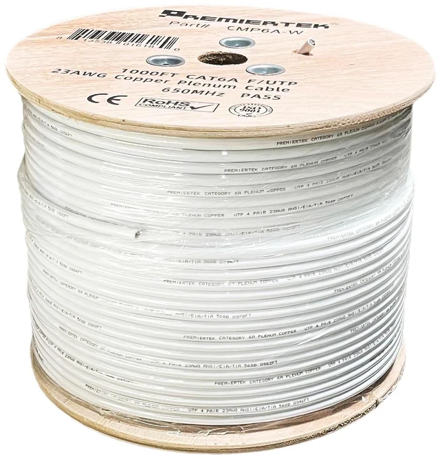 Main image of Premiertek 23AWG 0.58mm Bare Copper CAT6A UTP 4-Pairs 1000FT Plenum CMP Cable Fluke Pass(UP to 650MHz Bandwith) (White)