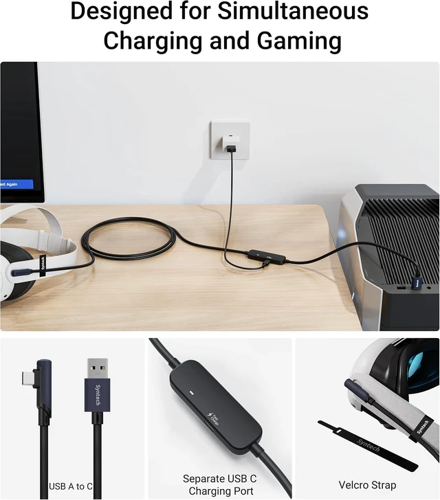 Alt view image 5 of 7 - Syntech Link Cable with Charging 16FT Compatible with Oculus/Meta Quest 3S/3 Accessories, Quest2/Pro, Pico4, VR Cable Without USB 3.0 A to C Adapter for SteamVR, Charge & Link Simultaneously, Black