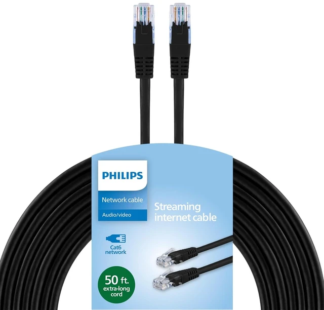 Main image of PHILIPS Cat6 Ethernet Cable, Extra Long 50 Ft Cord, 10 Gbps, 250Mhz, RJ45M Connector, for Computer, Game Console, Cable/DSL Modem, Network Switch, Streaming Device, Black, SWR3503B/37