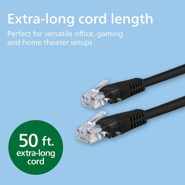 Alt view image 6 of 6 - PHILIPS Cat6 Ethernet Cable, Extra Long 50 Ft Cord, 10 Gbps, 250Mhz, RJ45M Connector, for Computer, Game Console, Cable/DSL Modem, Network Switch, Streaming Device, Black, SWR3503B/37