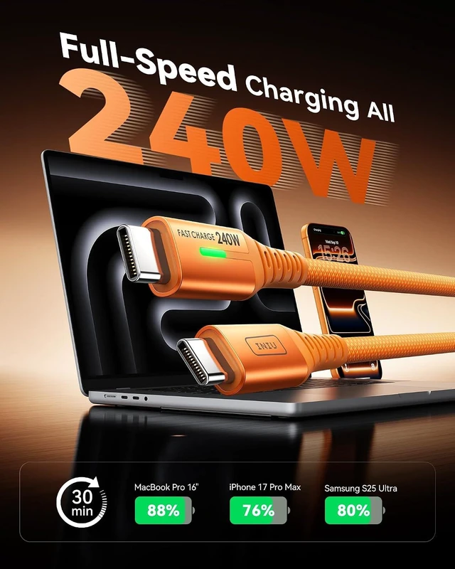 Alt view image 2 of 7 - INIU USB C to USB C Cable, 240W Fast Charging Type C Charger Cord for MacBook Pro Charger, 100W GaN Tech Fast Charging, 3-Port Compact Foldable Charger with USB C Cable