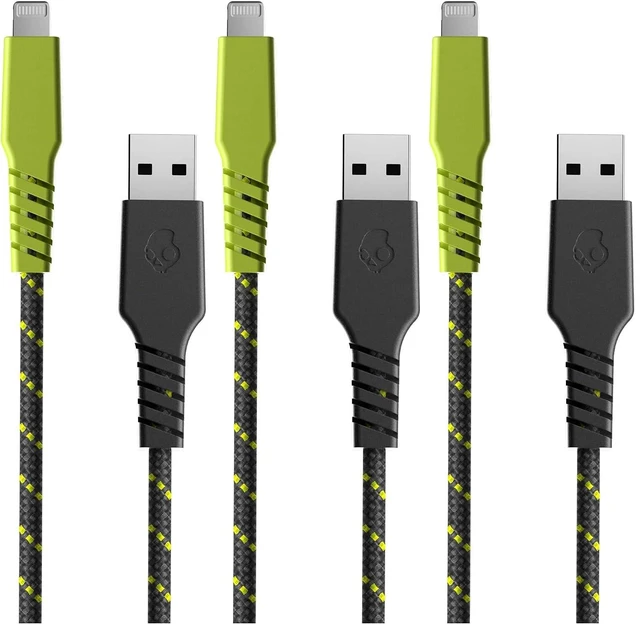 Main image of Skullcandy Line+ Braided Lightning Cable, 15W USB A to Lightning Charger Cable and Sync Cable for iPhone/Pro/Max, 6ft - Grey/Yellow (Pack of 3)
