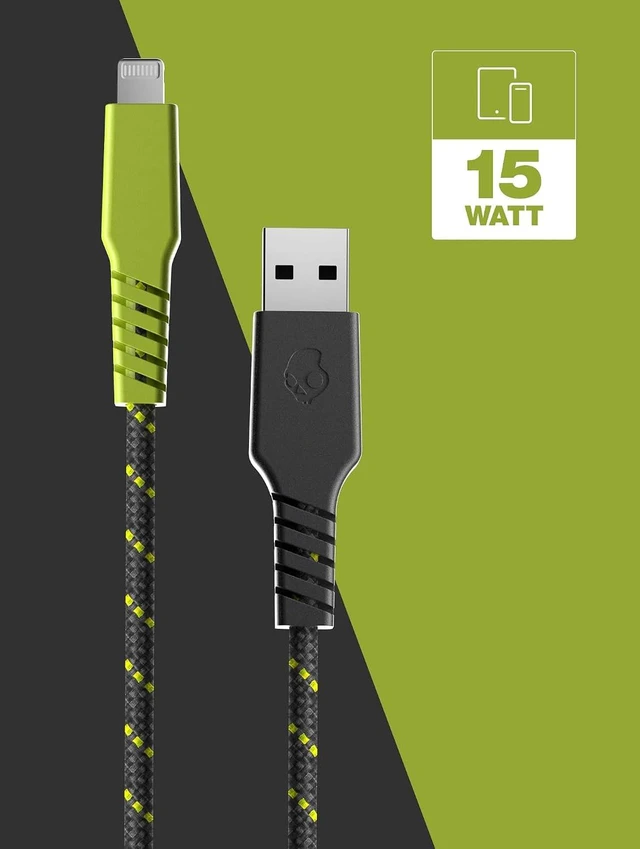Alt view image 2 of 5 - Skullcandy Line+ Braided Lightning Cable, 15W USB A to Lightning Charger Cable and Sync Cable for iPhone/Pro/Max, 6ft - Grey/Yellow (Pack of 3)