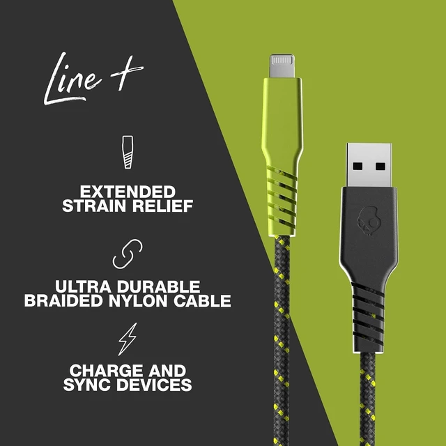 Alt view image 3 of 5 - Skullcandy Line+ Braided Lightning Cable, 15W USB A to Lightning Charger Cable and Sync Cable for iPhone/Pro/Max, 6ft - Grey/Yellow (Pack of 3)