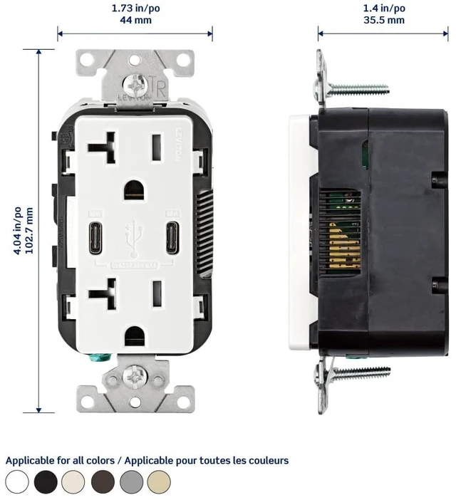 Alt view image 4 of 6 - Leviton T5835-G 20A TR RECPT USB Type CC CHRG