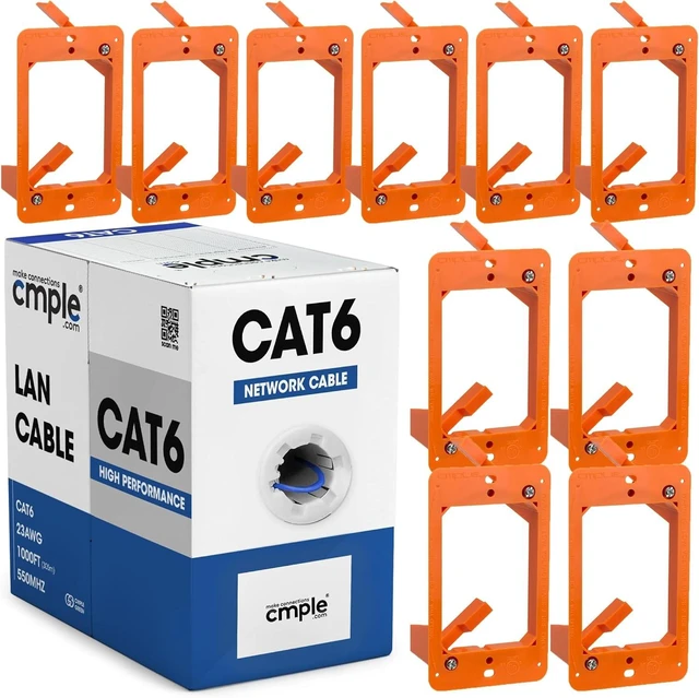 Main image of Cmple - Blue Cat6 Cable 1000ft Bulk LAN Ethernet Cord 23AWG CMR Riser 10 Gbps 550 MHz + 10 Pack 1 Gang Low Voltage Drywall Mounting Bracket Bundle