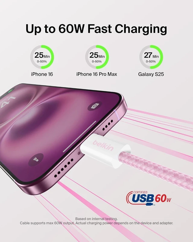 Alt view image 2 of 7 - Belkin USB C to USB C 60W Braided Cable iPhone Charger Cord 78.39 inches (Pack of 6)