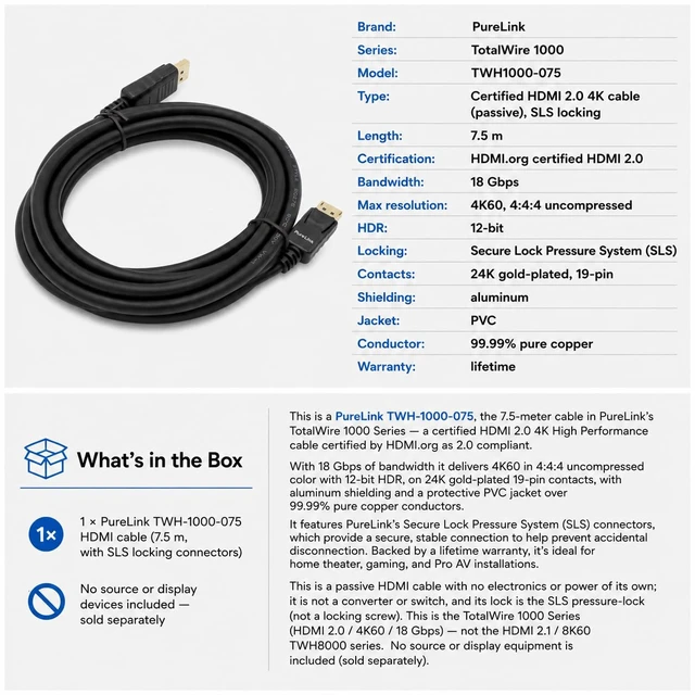 Alt view image 6 of 7 - PureLink TWH-1000-075 HDMI Cable with TotalWire Locking Technology - HDMI 2.0, 18Gbps, 7.5m, Secure Locking Connectors for Home Theater, Gaming & Pro AV Installation