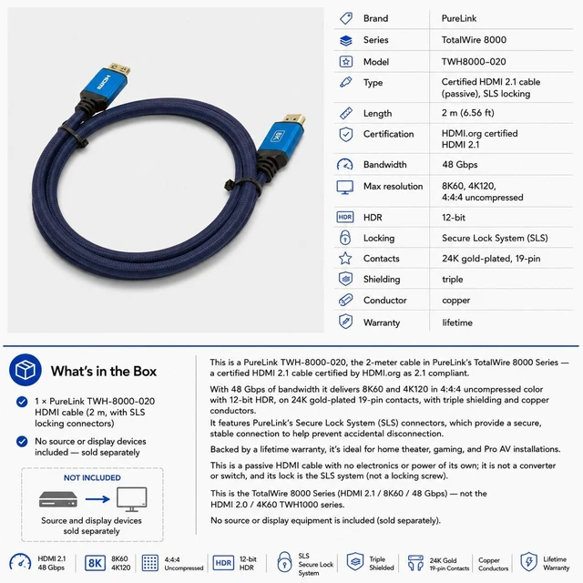 Alt view image 5 of 5 - PureLink TWH-8000-020 HDMI 2.1 Cable with TotalWire Locking Technology - 8K, HDMI 2.1, 2m, Secure Locking Connectors for Home Theater, Gaming & Pro AV Installation