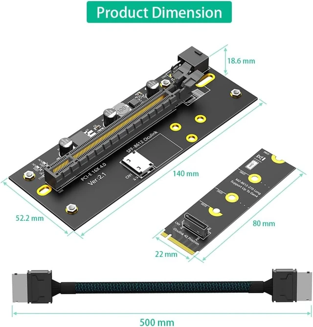 Alt view image 3 of 7 - JMT M.2 M-Key 2280 to PCI-e 4.0 X16 Extension Card 32G/BPS with Oculink SFF-8612 Cable 50cm Compatible with M.2 NVMe 2230 2242 2260 2280 SSD