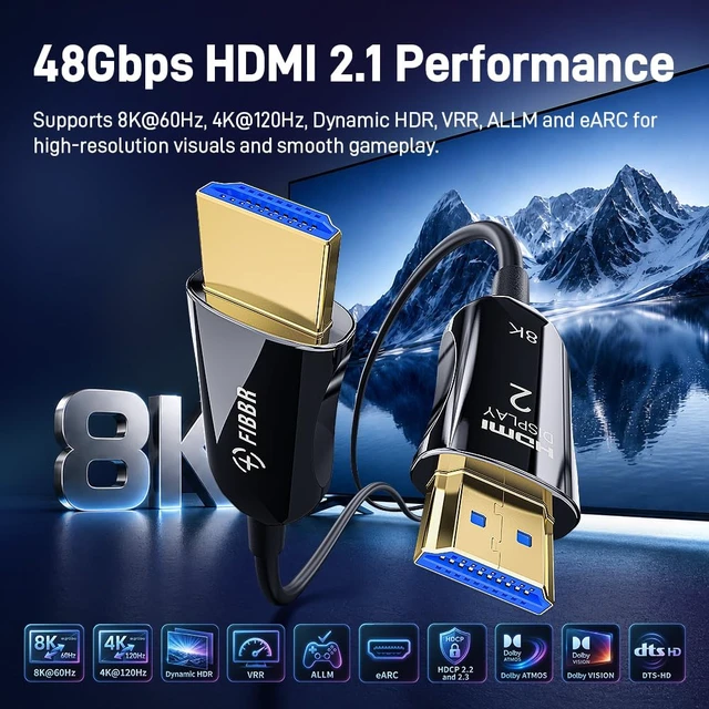 Alt view image 2 of 7 - Fiber Optic HDMI 2.1 Cable, Black Zinc Alloy Shell, 48Gbps Ultra High Speed AOC, 8K 60Hz 4K 120Hz HDR eARC, Slim PVC Cord for Gaming Projector Home Theater (100ft)