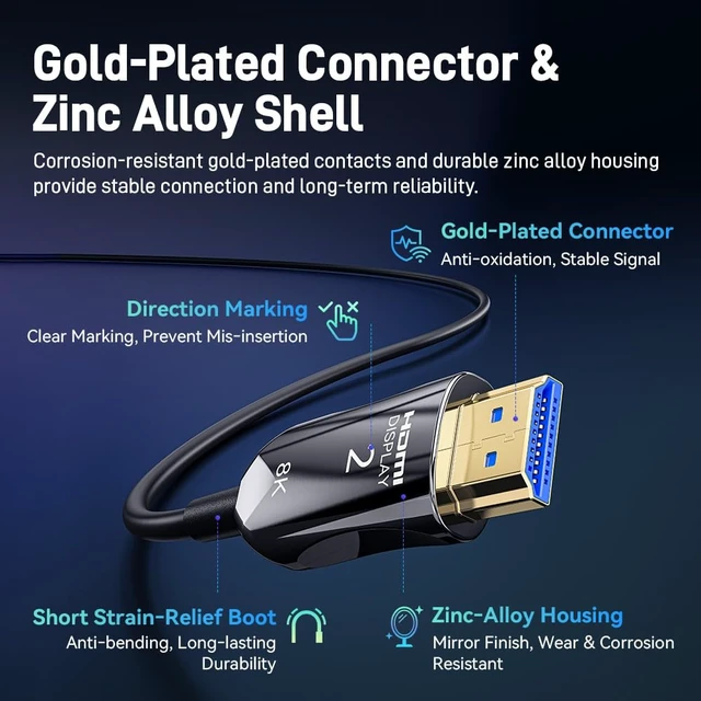 Alt view image 6 of 7 - Fiber Optic HDMI 2.1 Cable, Black Zinc Alloy Shell, 48Gbps Ultra High Speed AOC, 8K 60Hz 4K 120Hz HDR eARC, Slim PVC Cord for Gaming Projector Home Theater (100ft)