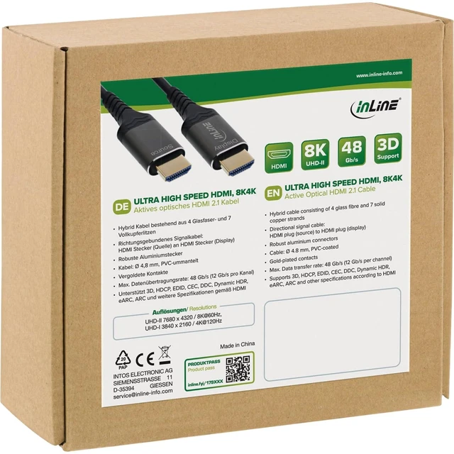 Alt view image 3 of 3 - Inline HDMI AOC Cable Ultra High Speed HDMI 2.1 Fibre Optic Cable for 8K 60Hz 4K 240Hz, Aluminium Connector, ARC eARC HDR, Gold-Plated, 15 m, 17915X