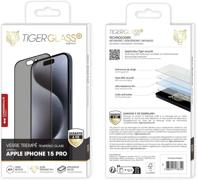 Alt view image 2 of 3 - Muvit Tiger Glass Plus Privacy Recycled Tempered Glass for iPhone 15 Pro Screen Protector Limiting the Angle of View Heavy Duty 9H+ Glass Anti-Fingerprint and Easy to Apply, Lifetime Warranty
