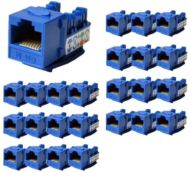 Main image of Best 25 Pack Cat6a Keystone Jacks Blue with Dust Cap 22-26 AWG PCB Female RJ45 Connectors for Network Ethernet Wall Jack Insert