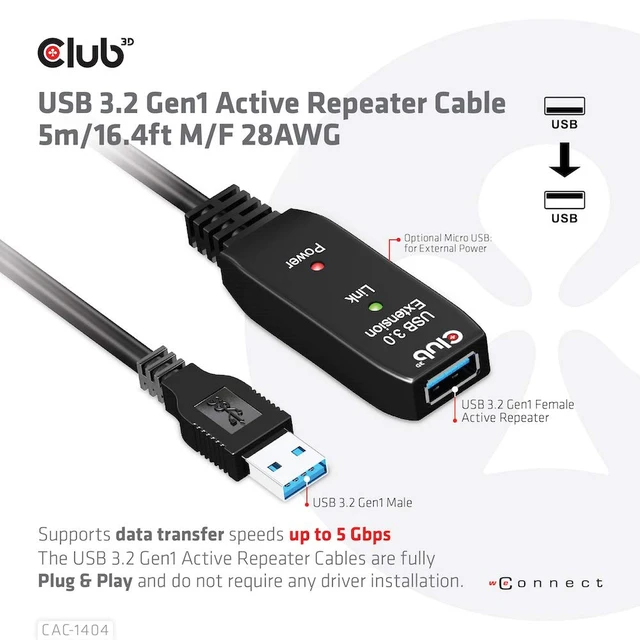 Alt view image 2 of 7 - Club 3D USB 3.2 Gen1 Active Extension Cable 5 Metres M/B. 28AWG