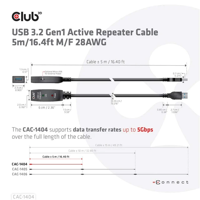 Alt view image 3 of 7 - Club 3D USB 3.2 Gen1 Active Extension Cable 5 Metres M/B. 28AWG