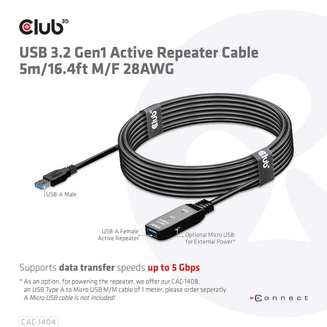 Alt view image 5 of 7 - Club 3D USB 3.2 Gen1 Active Extension Cable 5 Metres M/B. 28AWG