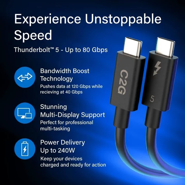 Alt view image 4 of 6 - C2G 0.5M Thunderbolt 5 USB-C Active Cable. 80 to 120Gbps Data Transfer, 240 Watt Power Delivery, DP ALT Mode 8K Video Enabled