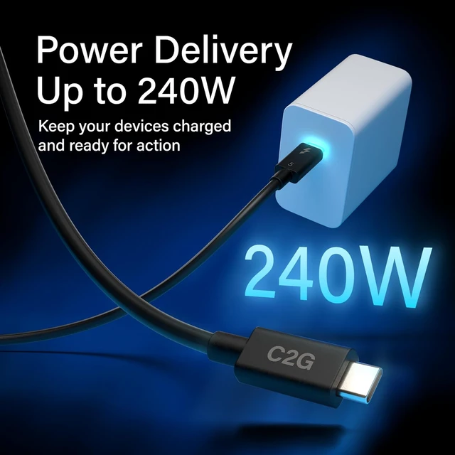 Alt view image 5 of 6 - C2G 0.5M Thunderbolt 5 USB-C Active Cable. 80 to 120Gbps Data Transfer, 240 Watt Power Delivery, DP ALT Mode 8K Video Enabled