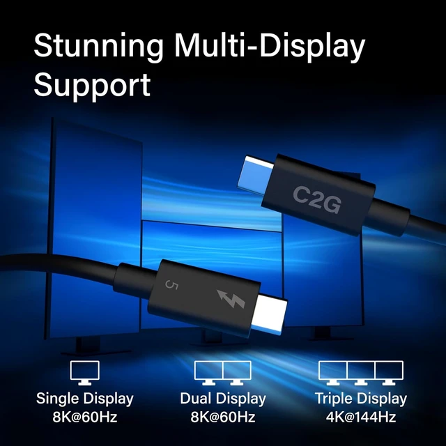Alt view image 6 of 6 - C2G 0.5M Thunderbolt 5 USB-C Active Cable. 80 to 120Gbps Data Transfer, 240 Watt Power Delivery, DP ALT Mode 8K Video Enabled