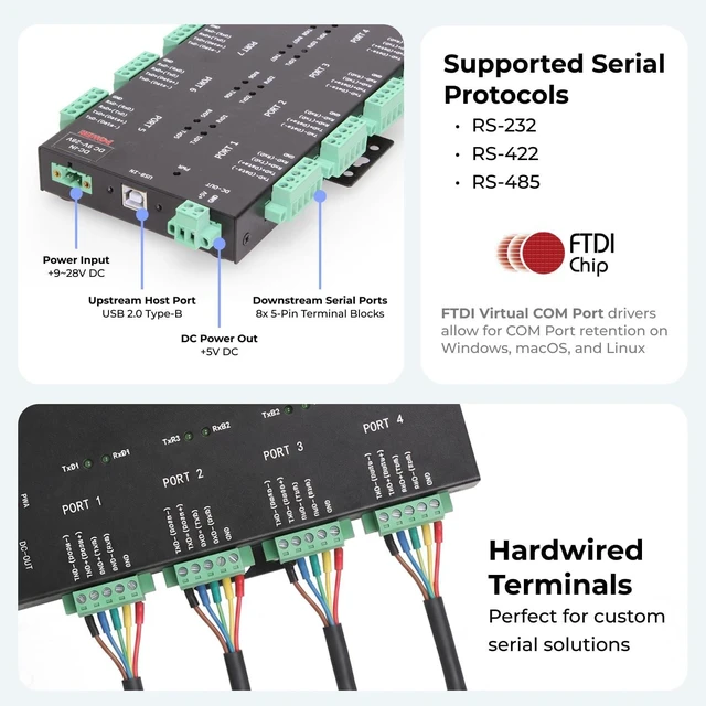 Alt view image 3 of 5 - Coolgear Industrial 8 Port USB 2.0 to Serial RS232-422-485 Adapter w/Terminal Block, Optical Isolation, Surge Protection, LED Indicators, Includes Power Supply