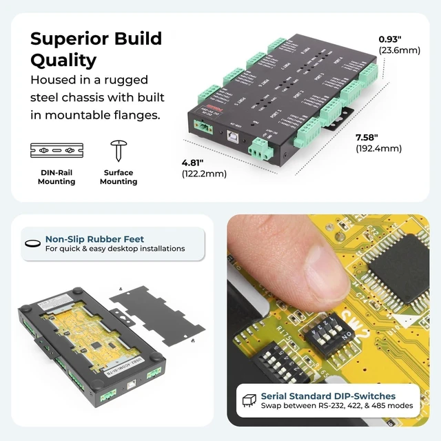 Alt view image 4 of 5 - Coolgear Industrial 8 Port USB 2.0 to Serial RS232-422-485 Adapter w/Terminal Block, Optical Isolation, Surge Protection, LED Indicators, Includes Power Supply