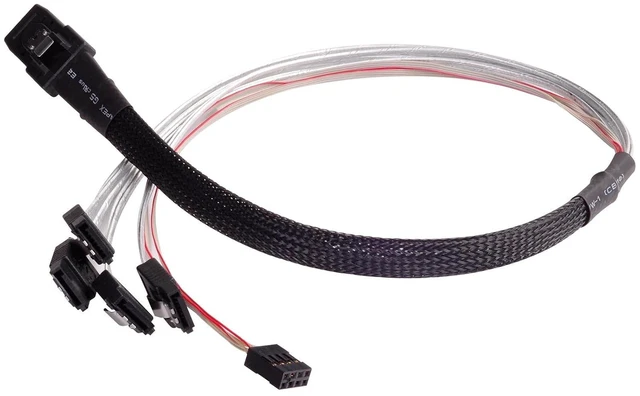 Main image of Silverstone SST-CPS03 - Internal Mini SAS SFF8087 36pin to 4 SATA 7pin Thick Shielded Cable (with Sideband), Mini SAS Host/Controller to 4 SATA Target/Backplane, 0.5M