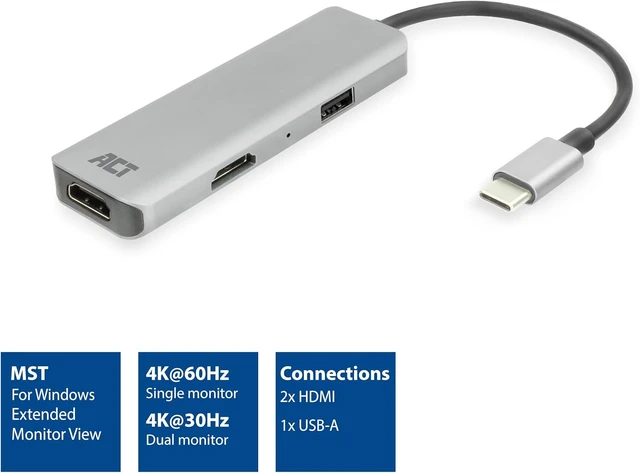 Alt view image 2 of 7 - ACT USB C HDMI Adapter with Aluminium Housing, 4K@30Hz Dual HDMI, USB 3.0 Port 5Gbps, to Connect 2 Additional Monitors - AC7013