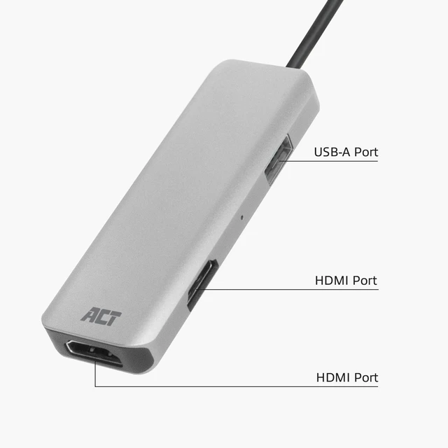 Alt view image 3 of 7 - ACT USB C HDMI Adapter with Aluminium Housing, 4K@30Hz Dual HDMI, USB 3.0 Port 5Gbps, to Connect 2 Additional Monitors - AC7013