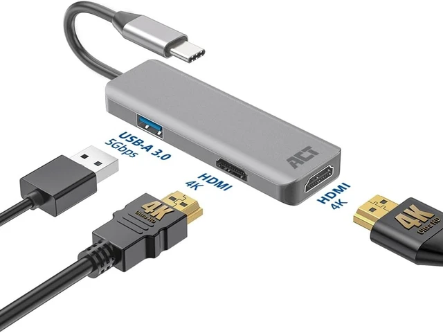 Alt view image 4 of 7 - ACT USB C HDMI Adapter with Aluminium Housing, 4K@30Hz Dual HDMI, USB 3.0 Port 5Gbps, to Connect 2 Additional Monitors - AC7013
