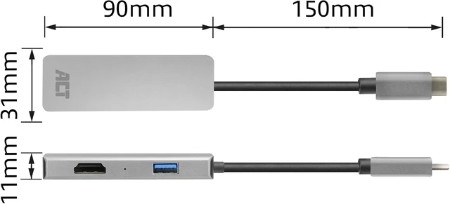 Alt view image 7 of 7 - ACT USB C HDMI Adapter with Aluminium Housing, 4K@30Hz Dual HDMI, USB 3.0 Port 5Gbps, to Connect 2 Additional Monitors - AC7013