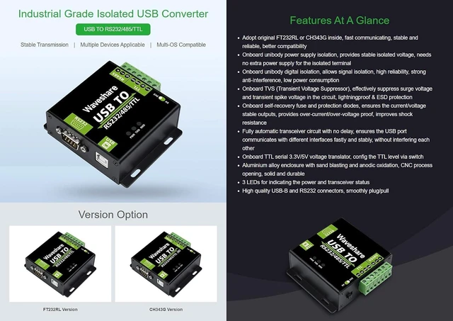 Alt view image 2 of 7 - Waveshare FT232RL/CH343G USB to RS232/485/TTL Interface Converter Industrial Isolation