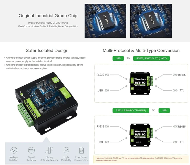 Alt view image 4 of 7 - Waveshare FT232RL/CH343G USB to RS232/485/TTL Interface Converter Industrial Isolation