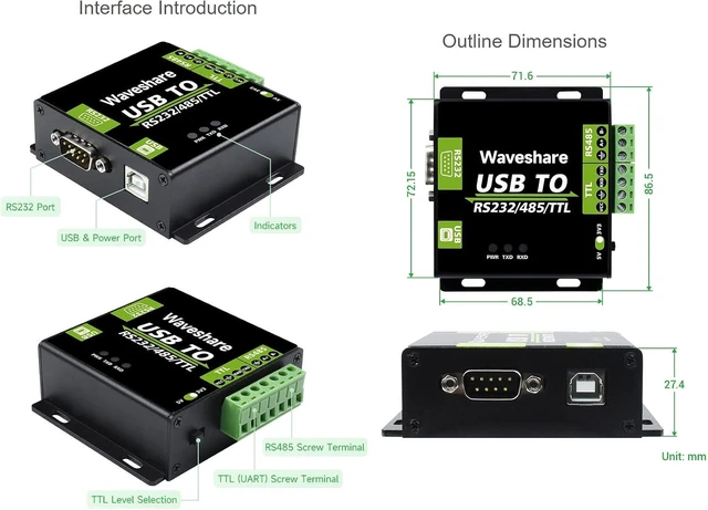 Alt view image 7 of 7 - Waveshare FT232RL/CH343G USB to RS232/485/TTL Interface Converter Industrial Isolation