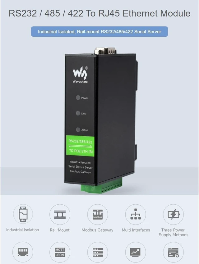Alt view image 2 of 7 - waveshare RS232 / 485/422 to RJ45 Ethernet Converter Module (B) with POE Function,TCP/IP to Serial Converter,Industrial Isolated Rail-Mount RS232/485/422 Serial Server,Multi Communication Modes