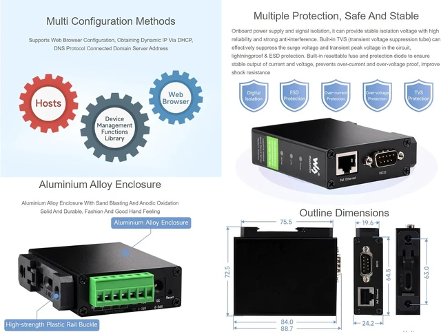 Alt view image 7 of 7 - waveshare RS232 / 485/422 to RJ45 Ethernet Converter Module (B) with POE Function,TCP/IP to Serial Converter,Industrial Isolated Rail-Mount RS232/485/422 Serial Server,Multi Communication Modes