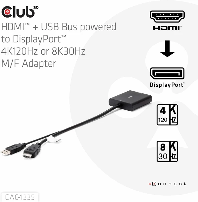 Alt view image 3 of 7 - Club 3D CAC-1335 HDMI+ Micro USB to DisplayPort 4K120Hz or 8K30Hz M/B Active Adapter