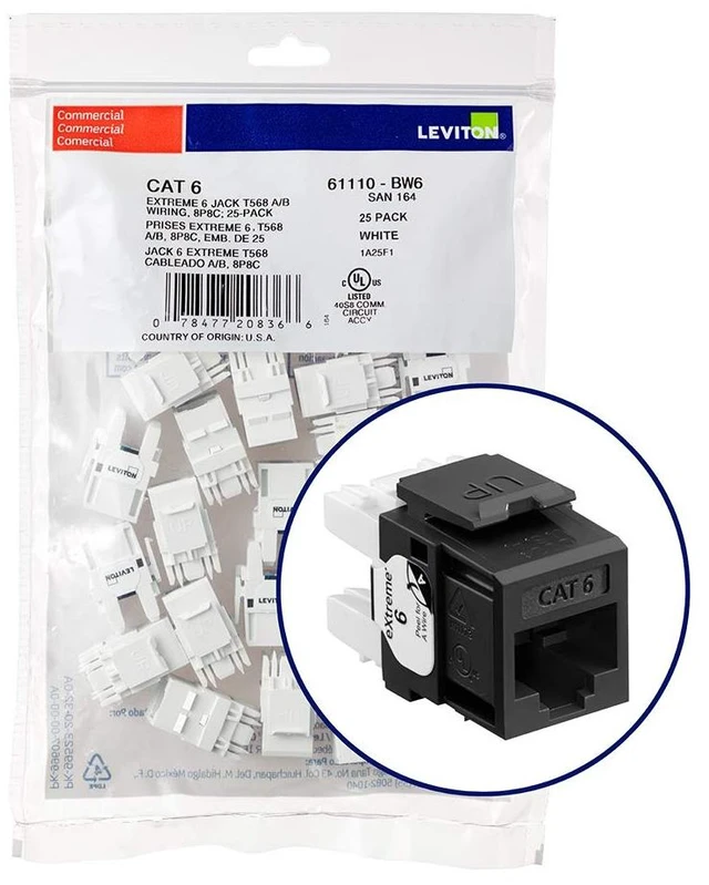 Alt view image 3 of 3 - Leviton Extreme 6+ QuickPort Connector, CAT 6, 25-Pack, 61110-BE6, Black