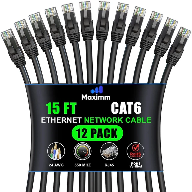 Main image of Maximm Cat6 Ethernet Cable 15 Ft, 10 Gbps 550 MHz, Black, 12 Pack