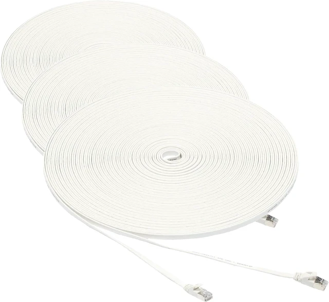 Main image of Amazon Basics RJ45 Cat 7 Ethernet Patch Cable, Flat, 600MHz, Snagless, Includes 25 Nails, 100 Foot, White (Pack of 3)