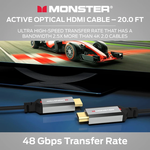 Alt view image 3 of 7 - Monster Essentials HDMI Fiber Optic Cable 20ft, Active Optical HDMI 2.1, 48 Gbps Ultra High Speed, 8K@60Hz 4K@120Hz, Directional, Certified HDMI Cable with Aluminum Connector and V-Grip