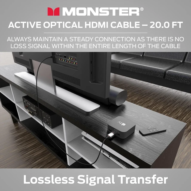Alt view image 4 of 7 - Monster Essentials HDMI Fiber Optic Cable 20ft, Active Optical HDMI 2.1, 48 Gbps Ultra High Speed, 8K@60Hz 4K@120Hz, Directional, Certified HDMI Cable with Aluminum Connector and V-Grip