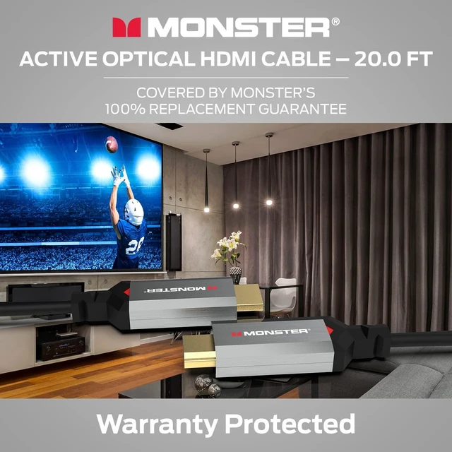 Alt view image 7 of 7 - Monster Essentials HDMI Fiber Optic Cable 20ft, Active Optical HDMI 2.1, 48 Gbps Ultra High Speed, 8K@60Hz 4K@120Hz, Directional, Certified HDMI Cable with Aluminum Connector and V-Grip