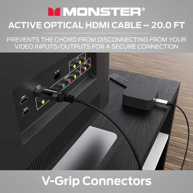 Alt view image 5 of 7 - Monster Essentials HDMI Fiber Optic Cable 20ft, Active Optical HDMI 2.1, 48 Gbps Ultra High Speed, 8K@60Hz 4K@120Hz, Directional, Certified HDMI Cable with Aluminum Connector and V-Grip